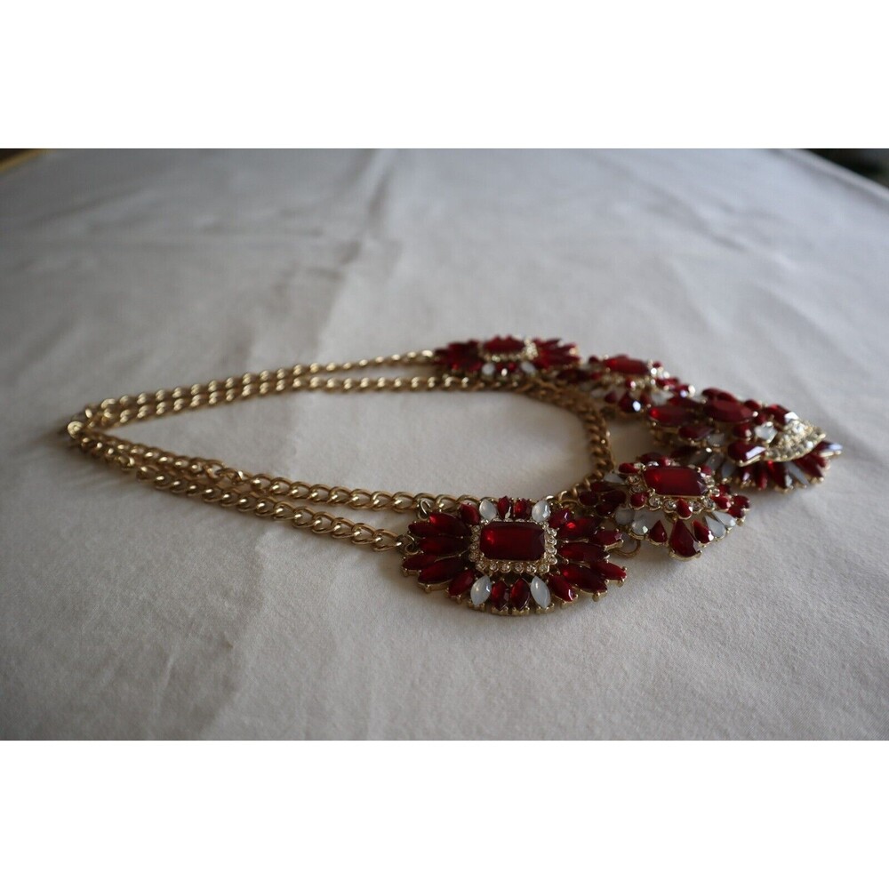 Chunky Necklace Gold Toned Chain Red White Stones Rhinestone Statement 18" - Picture 10 of 11